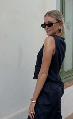 Rus Pinstripe Straight Pants | Dark blue